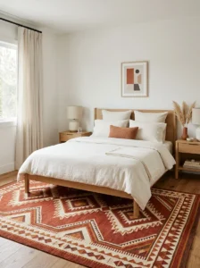 Neutral bedroom styled with a bold terracotta and cream geometric area rug.