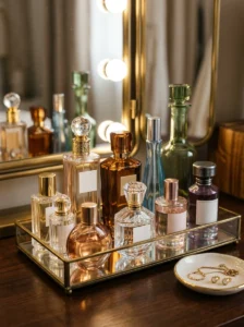 Mirrored perfume tray displaying an organized fragrance collection on a dressing room vanity.