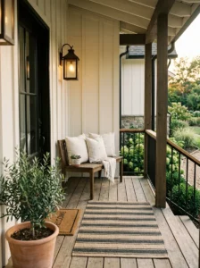 Slim bench maximizing seating on a small porch.