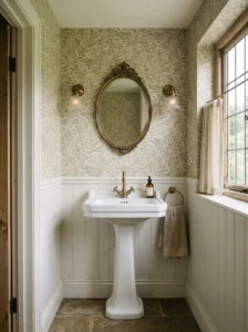 Vintage bathroom with muted botanical wallpaper, brass fixtures, and a pedestal sink.