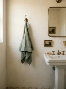 Single textured sage towel displayed on a decorative antique brass bathroom hook.