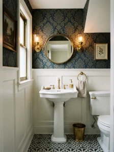 Pedestal sink in a compact powder room.