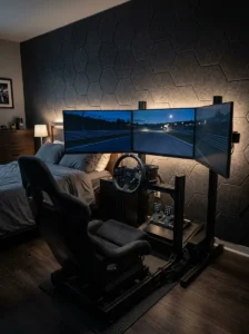 Gamer bedroom with triple-monitor racing simulator, wheel, pedals and dedicated racing seat.