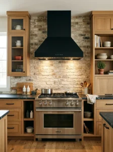 Rustic modern kitchen with a matte black range hood and textured backsplash.