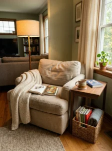 Cozy living room reading nook with an armchair, floor lamp, books, and throw blanket.