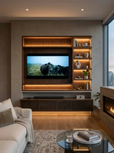 Recessed television niche with built-in shelving.