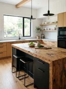 Rustic modern kitchen with a character-rich reclaimed wood island.