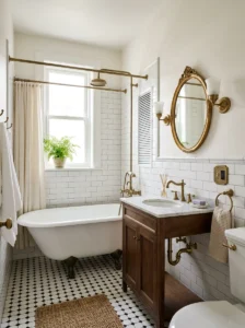 Renovated vintage bathroom combining classic fixtures with discreet modern functionality.