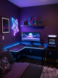 Retro arcade-themed gamer bedroom with purple and blue lighting and curated gaming decor.