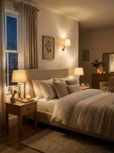 Warm layered lighting creating a cozy romantic bedroom.