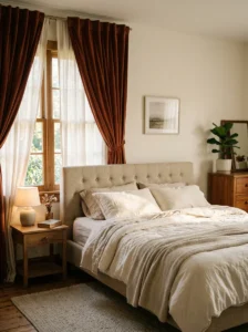 Full-length mirror reflecting soft bedroom lighting.