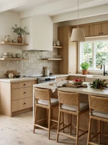 Rustic modern kitchen with natural wood open shelves and curated neutral dishware.