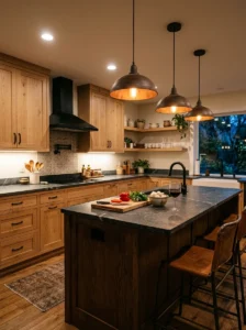 Rustic modern kitchen with layered pendant, under-cabinet, and overhead lighting.