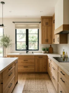 Rustic modern kitchen with warm light oak flat-panel cabinetry and matte black hardware.