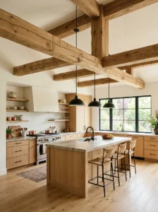 Rustic modern kitchen with exposed wood ceiling beams and clean contemporary cabinetry.
