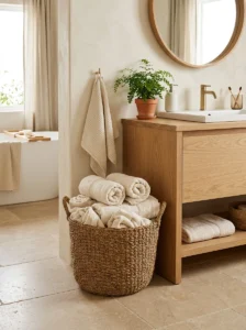 Woven seagrass basket filled with rolled cream towels beside a bathroom vanity.
