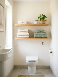 Open floating bathroom shelves above the toilet displaying neatly folded towels.