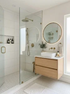 Geometric hexagon tiles in a modern bathroom.