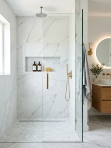 Recessed shower niche for organized bathroom storage.
