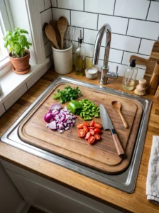 Small kitchen with a fitted cutting board creating extra prep space over the sink.