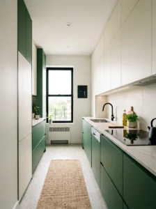 Compact kitchen with handle-less cabinets creating a clean, spacious look.
