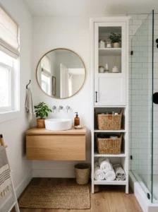 Tall storage cabinet maximizing bathroom space.
