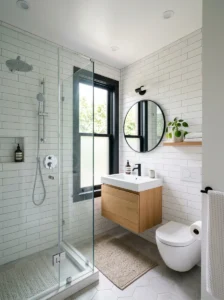Frameless glass shower making a bathroom appear larger.