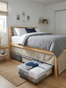 Small bedroom using wheeled under-bed bins for organized hidden storage.