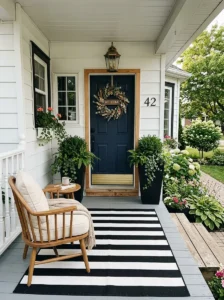 Decorative lanterns creating cozy porch lighting.