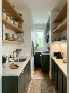 Cohesive small kitchen with forest green cabinets, light wood shelves, and white finishes.