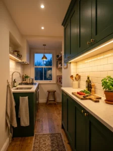 Small kitchen with warm under-cabinet lighting illuminating the countertop and backsplash.