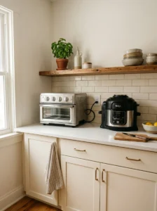 : Small kitchen counter with compact multi-functional appliances to reduce clutter.