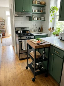 Small kitchen with a butcher-block rolling cart used as a mobile island.
