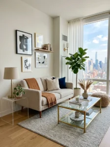 Glass furniture making a living room feel more open.