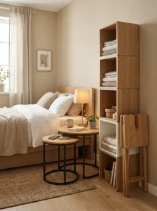 mall bedroom using nesting tables and stackable furniture to save space.