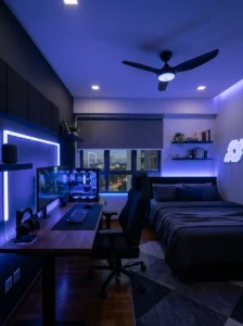 Smart gamer bedroom with automated blinds, coordinated lighting and connected gaming setup.