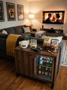TV room snack station with popcorn bowls, snacks, and a compact beverage fridge.