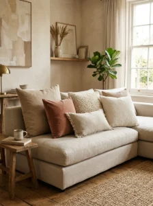 : Cozy sofa layered with linen, velvet, woven, and boucle pillows in different sizes.