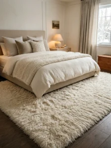 Plush high-pile ivory rug creating a soft and comfortable surface around a bedroom bed.