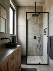 Industrial bathroom styled with coordinated matte black fixtures.