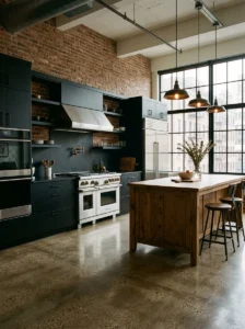 Industrial kitchen with polished concrete flooring and dark cabinetry.