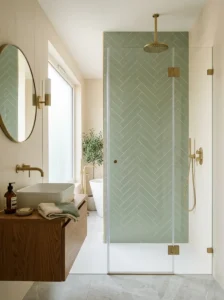 Modern shower featuring a soft sage green herringbone tile pattern.