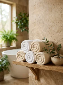 Plush bathroom towels tightly rolled and stacked on open shelving for a spa-inspired display.