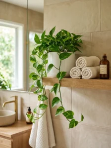 Bathroom shelf decorated with a green pothos plant and neutral spa accessories.