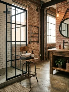 Vintage industrial stool with a metal frame and aged wood seat in a bathroom.