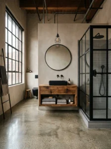 Industrial bathroom with polished concrete flooring and black metal details.
