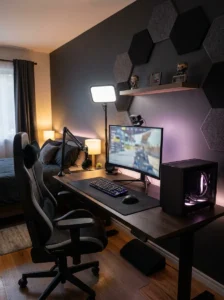 Streamer-ready gamer bedroom with microphone arm, key light, acoustic panels and clean background.