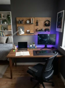 Student gamer bedroom with one desk divided into gaming and study zones.