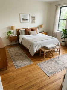 Matching runner rugs positioned along both sides of a bedroom bed over hardwood flooring.