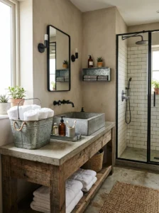Industrial bathroom decorated with subtle galvanized metal accents.